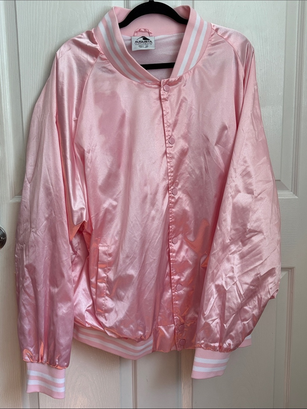 Augusta Pink Satin Bomber Jacket Lightweight snap button stripe cuff hem size 3X